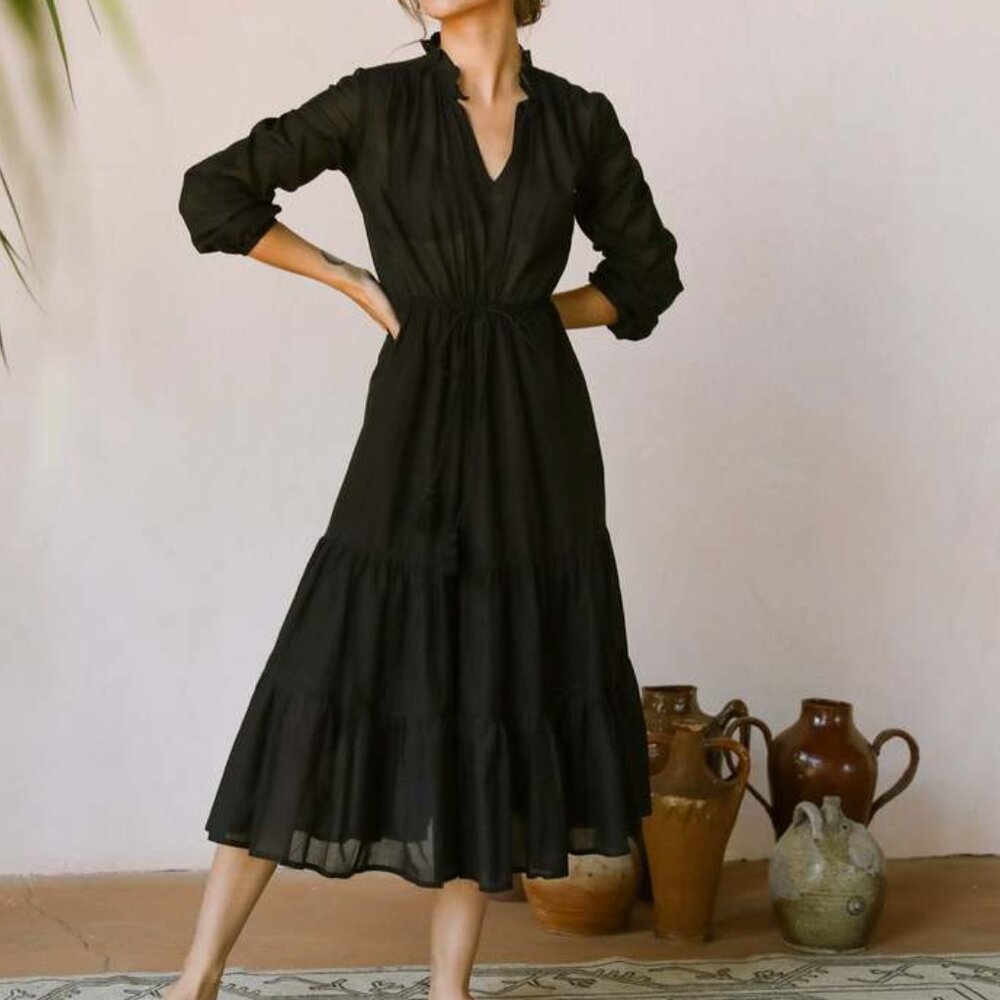 Mille Astrid Midi Dress in Black Voile, Size S